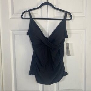 DKNY Twist-Front Tummy Control Shirred Tankini Bikini Top Black XL